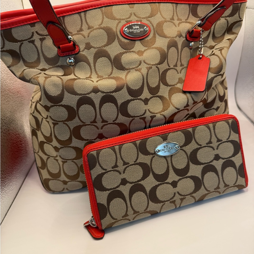 Coach Signature Tote and Wallet Set - Tan and Red